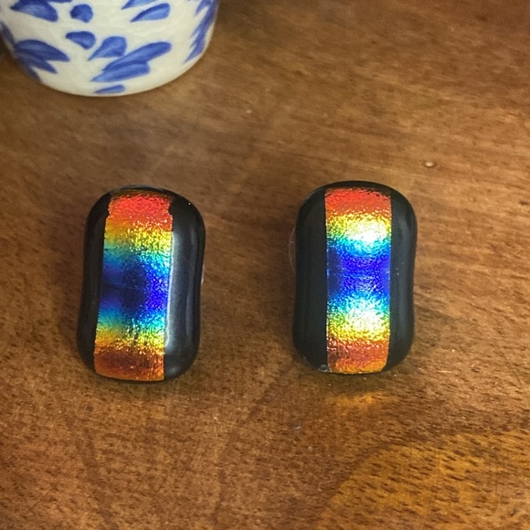 Dichroic Fused Glass Earrings Double Rainbow on Black Small Rectangle Posts - Picture 4 of 7